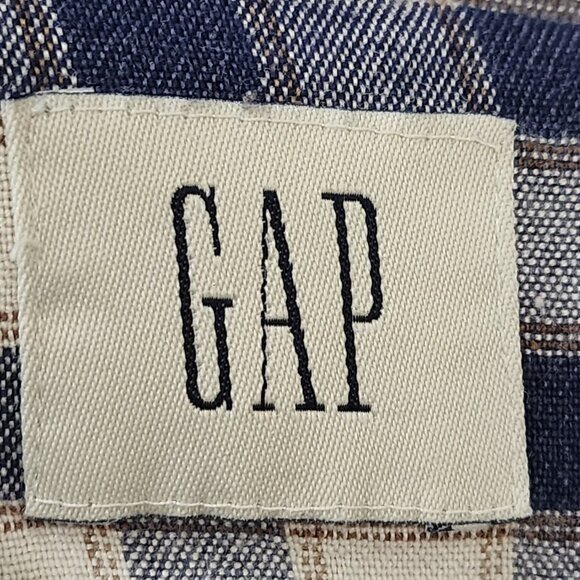 GAP Navy Checks 55% Ramie Blend Button Front Band Collar Shirt - Picture 4 of 5